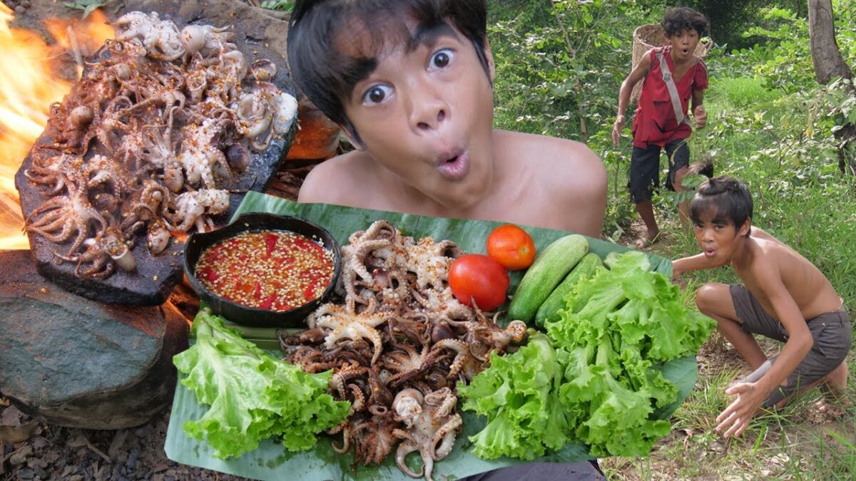 Primitive Technology – Eating Delicious In Jungle – Cooking Octopus On A Rock For Diner #153