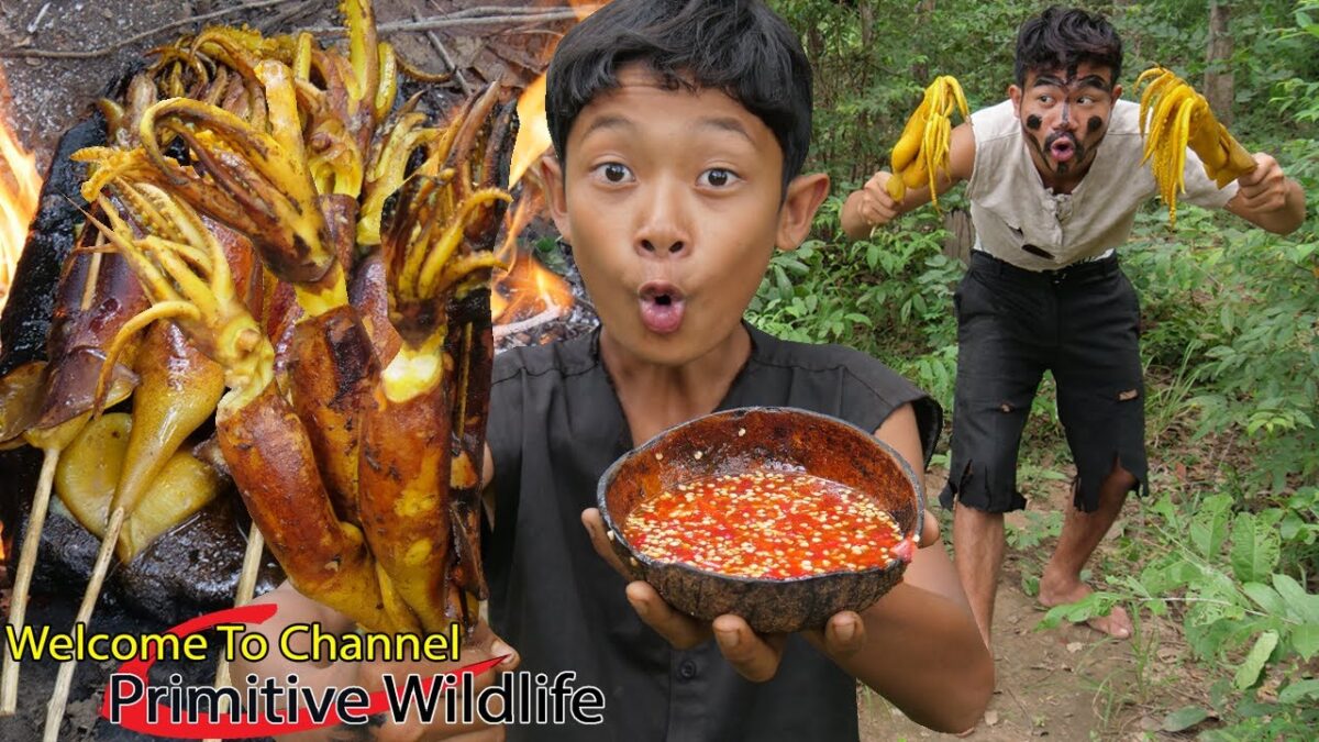 Primitive Technology – Amazing cooking squid on a rock for lunch – Eating delicious Ep00097