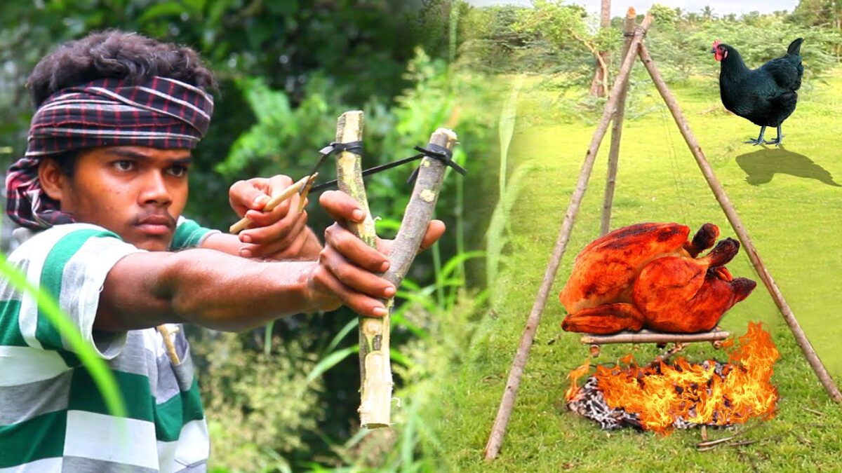 Primitive Technology: Block chicken Hunting Slingshot wood Weapon and Cooking Eating  VILLAGE HUNTER