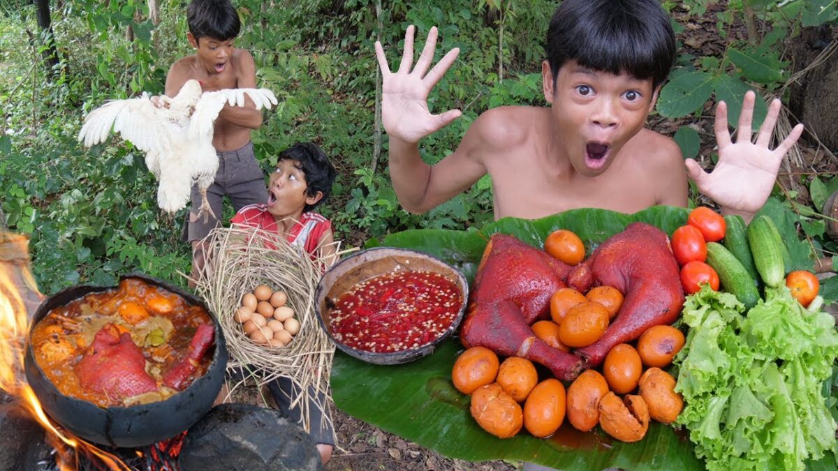Primitive Technology – Eating Delicious In Jungle – Braised Chicken Thighs & Egg Cooking #179