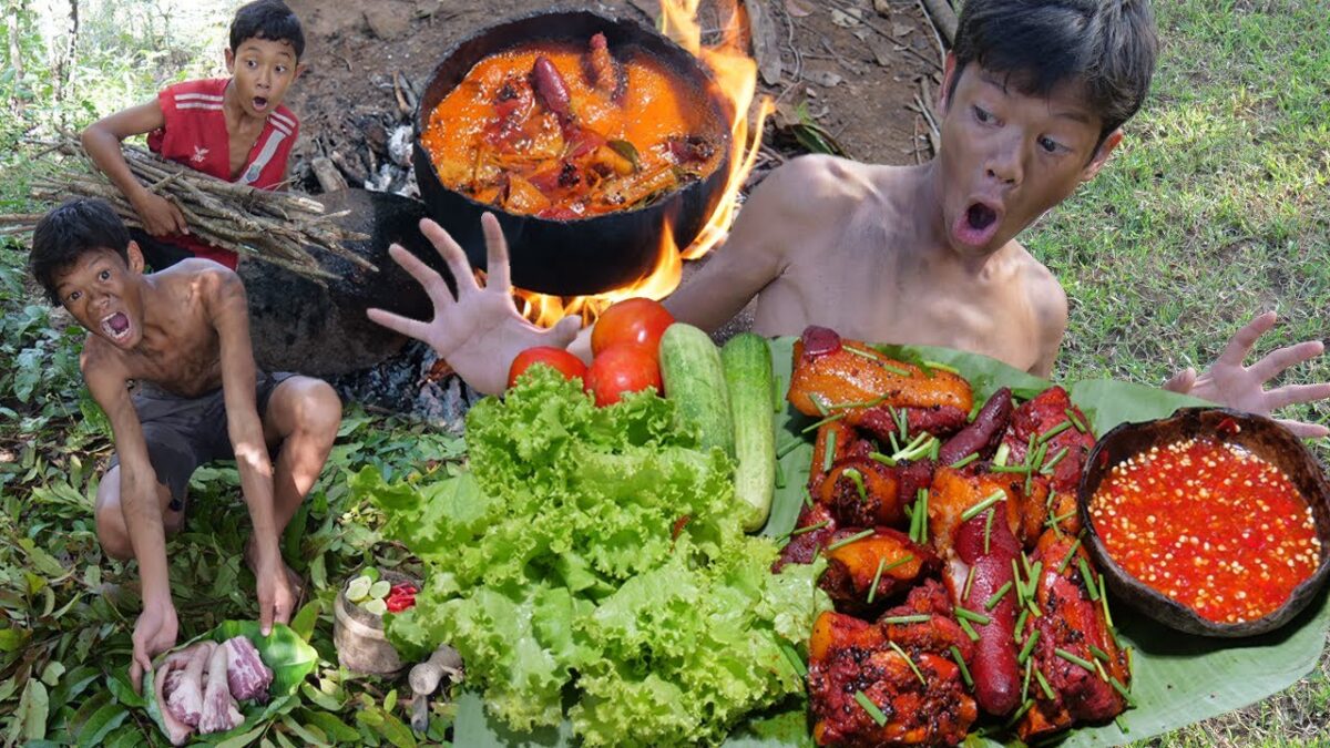 Primitive Technology – Eating Delicious In Jungle – Cooking&Braised Pig Tails For Food #183