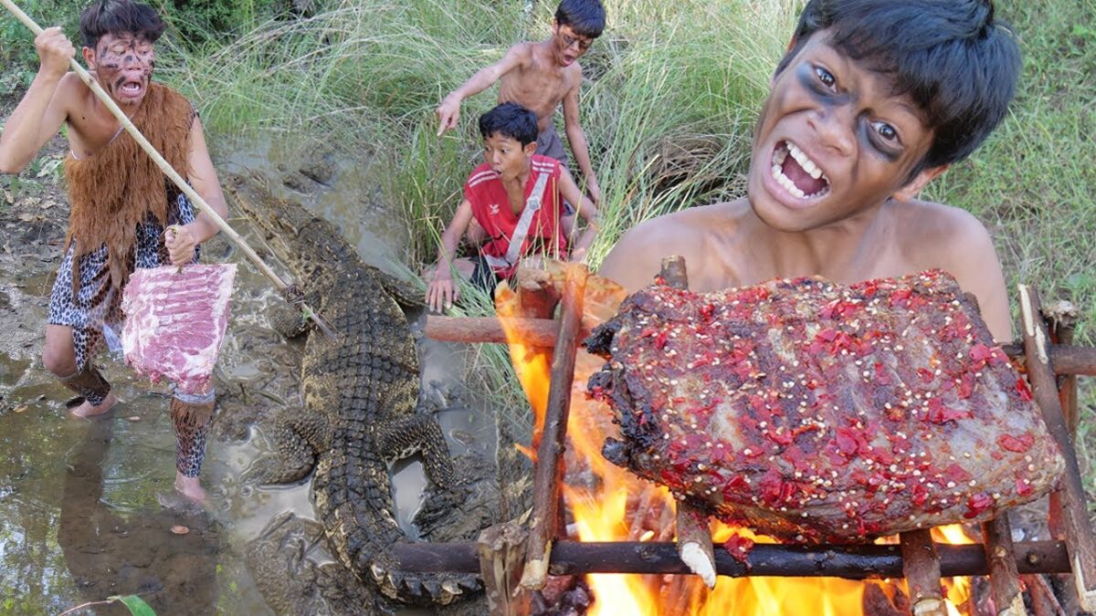 Primitive Technology – Eating Delicious – Catch Crocodile & Grilled Pork Rib For Food In Jungle #189