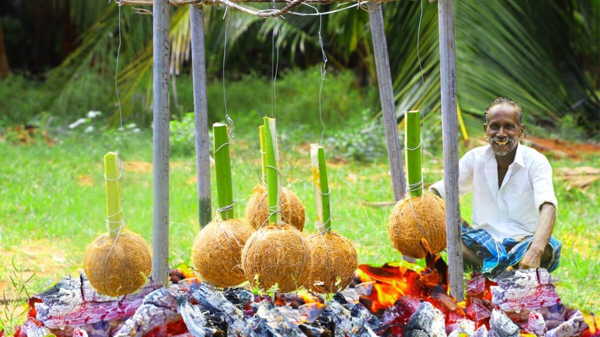 TRADITIONAL COCONUT CHICKEN RECIPE | Primitive Technology | prepare by KARUPPASAMI-KGF |