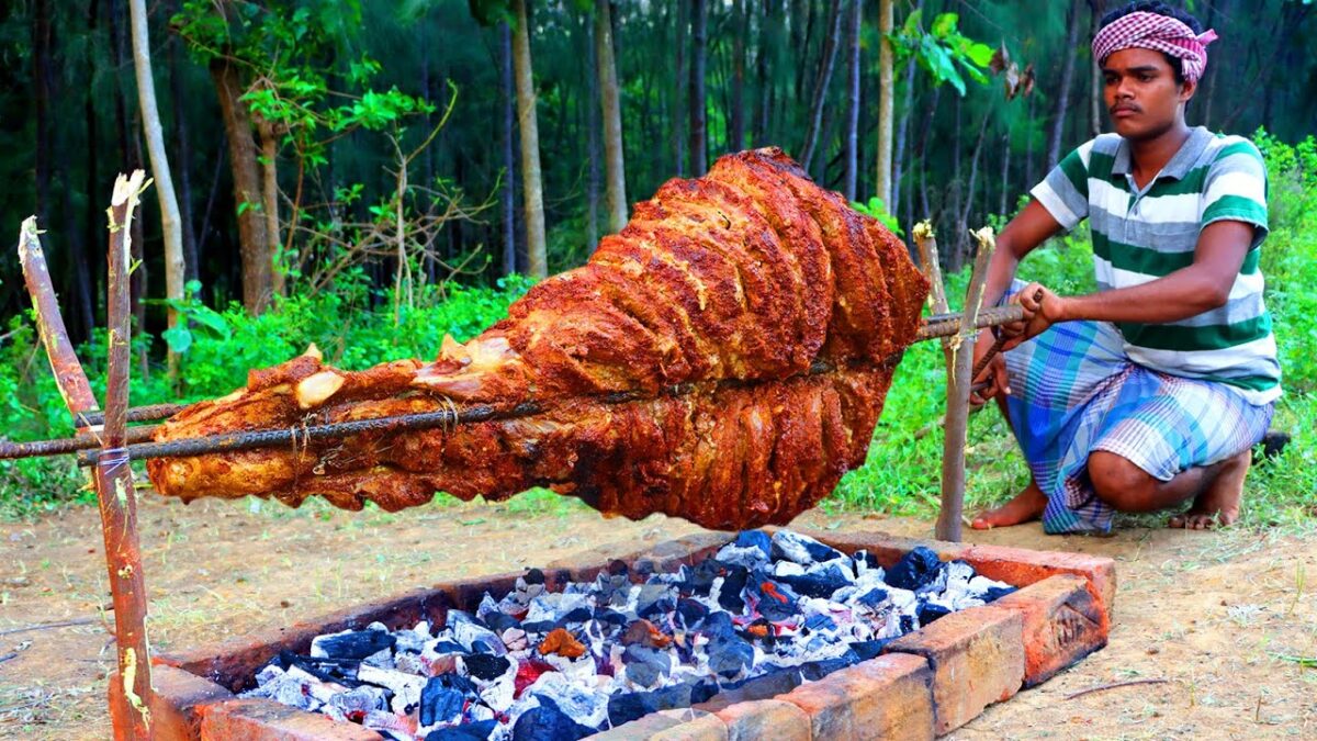 Primitive Technology: Biggest Beef Leg Roast Tandoori Prepare and Eating Delicious in VILLAGE HUNTER