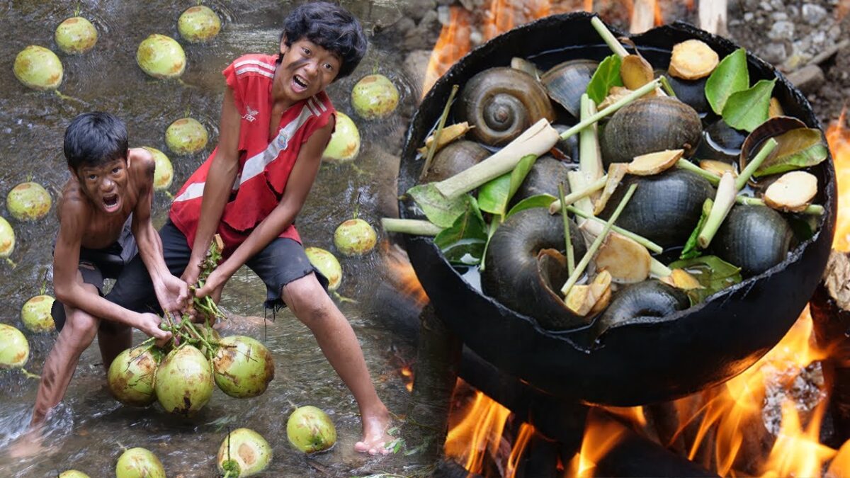 Primitive Technology – Eating Delicious  – Cooking Snail With Coconut Near The River #204