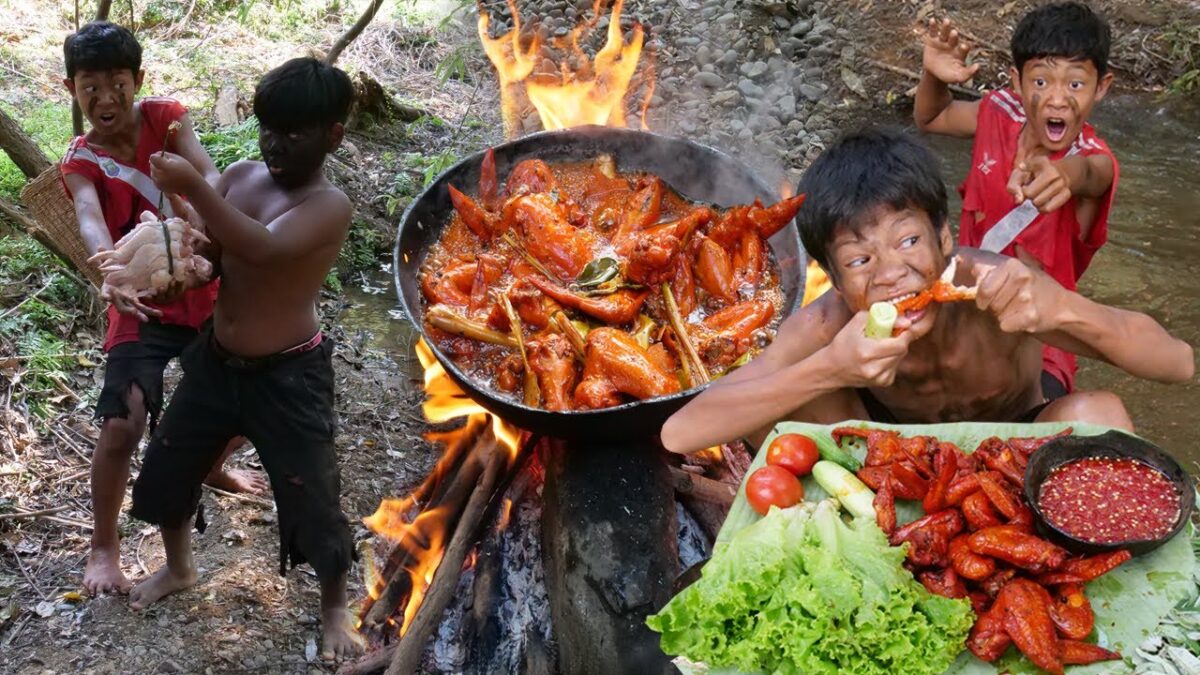 Primitive Technology – Eating Delicious In Jungle – Cook&Braised Chicken Wing Near the River #210