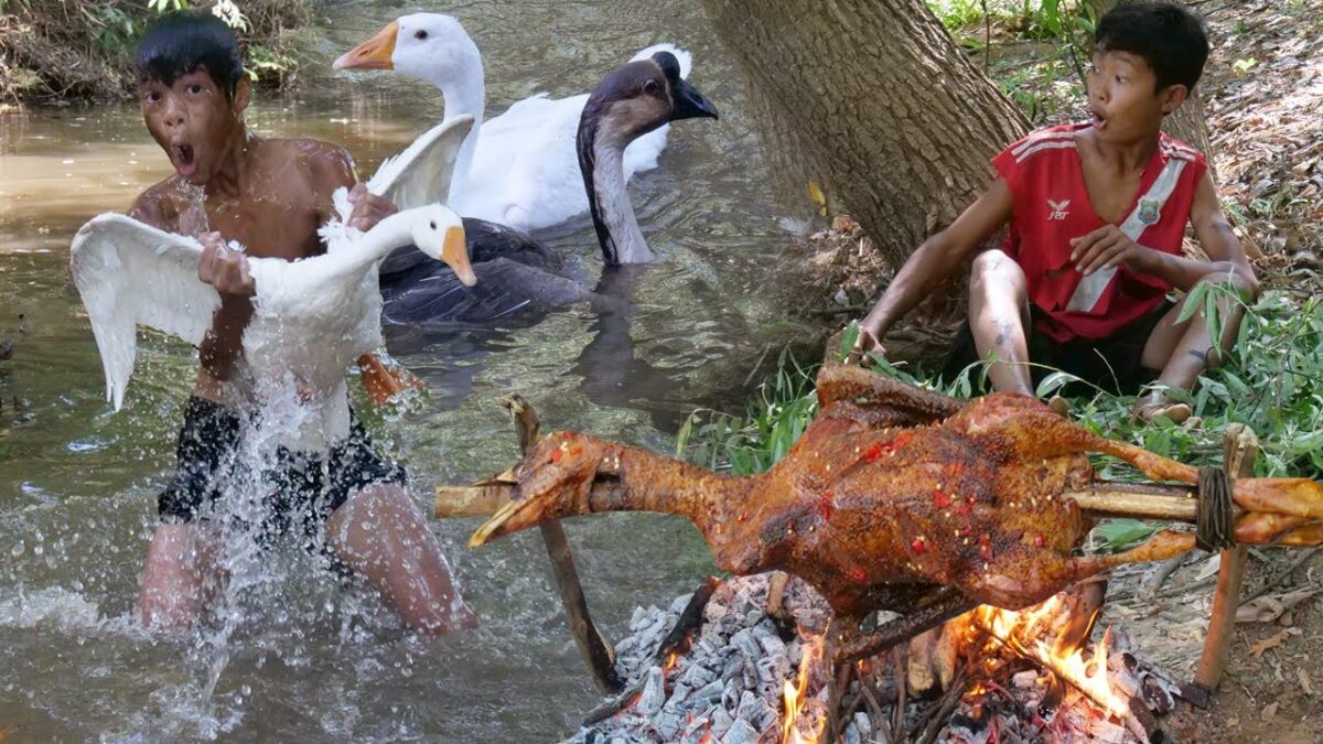 Primitive Technology – Eating Delicious – Grilled Roast Goose Recipe #212