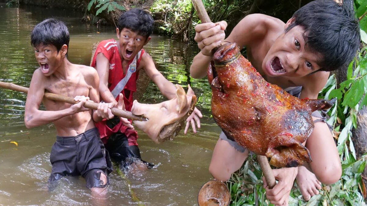Primitive Technology – Eating Delicious In Jungle – Grilled Pig Head For Food #214