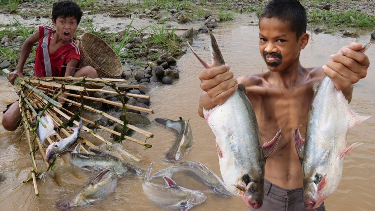 Primitive Technology – Eating delicious – Make Bamboo To Find Fish And Cooking #219