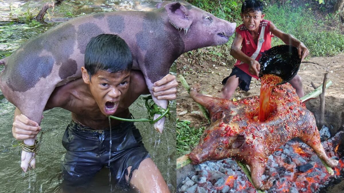 Primitive Technology – Eating Delicious In Jungle – Found Pig At Waterfall Take Cooking #229