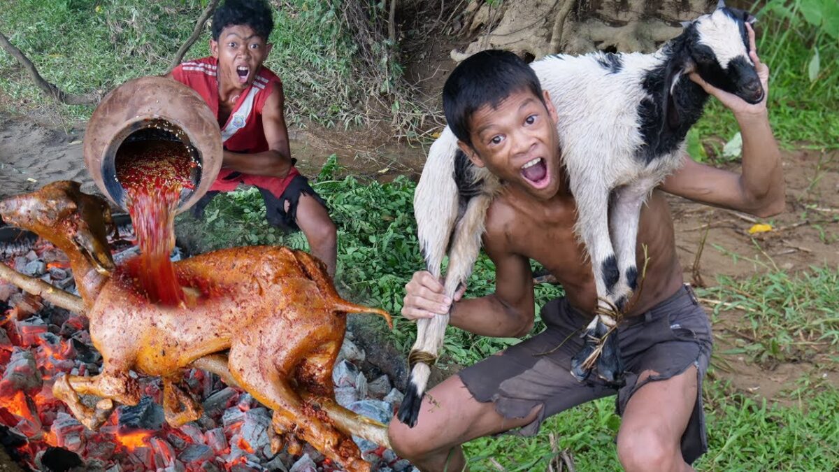 Primitive Technology – Catch Fish At Waterfall Meet The Goat Lightning Striking Take Cooking #230