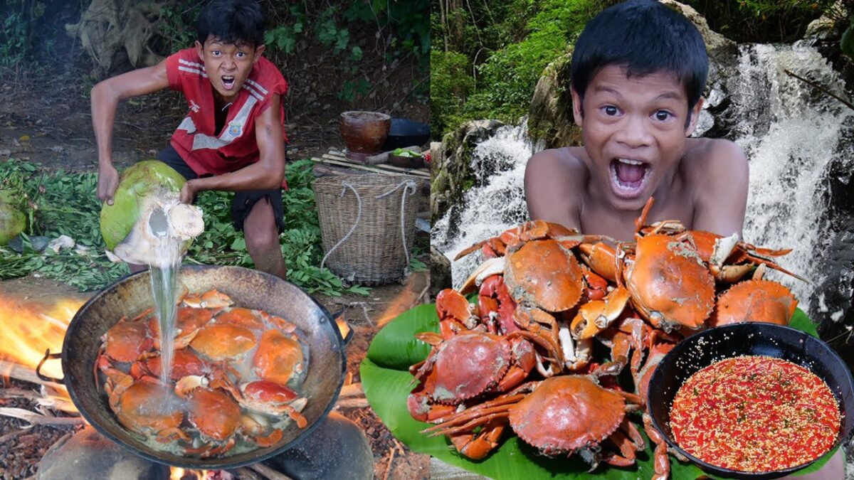 Primitive Technology – Wow! Meet 10Crab At Waterfall And Cooking With Coconut #234