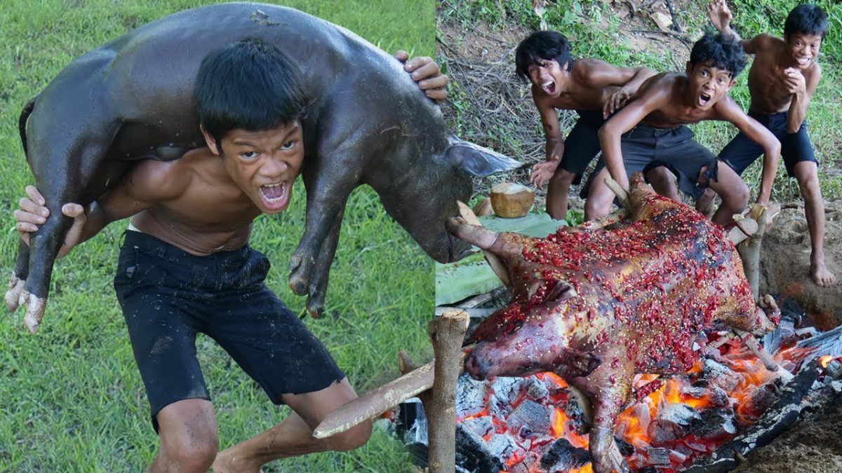 Primitive Technology – Meet Pig At River And Take Cooking – Eating Delicious In Forest